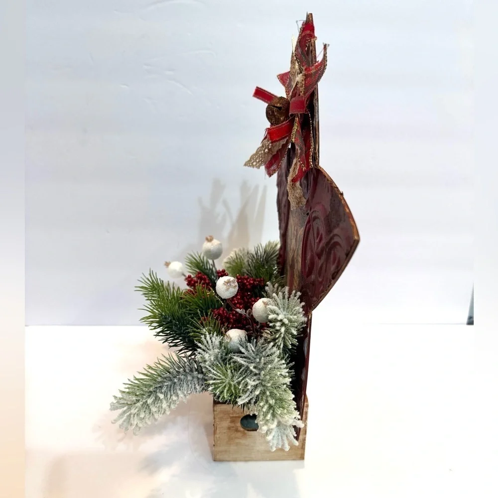 New OOAK Primitive Country Red Star Christmas Angel Arrangement Holiday Decor